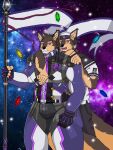  anthro biceps brown_body brown_fur canid canine canis cosmic_background domestic_dog duo flag fur hi_res lifewonders live-a-hero male mammal melee_weapon muscular muscular_anthro muscular_male pecs polearm pubraseer space space_background spear video_games weapon yugenmotonari 