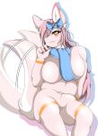  anthro blush breasts canid canine featureless_breasts female fluffy fluffy_tail fur hair hi_res mammal mellonsoda multicolored_body multicolored_fur open_mouth open_smile pink_hair scarf simple_background smile solo teeth two_tone_body two_tone_fur white_body white_fur yellow_eyes 