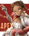  1girl absurdres animification apex_legends braid breasts brown_eyes cleavage collarbone copyright_name corset dark-skinned_female dark_skin fingerless_gloves floating_hair forehead gloves grey_skirt highres holding holding_staff loba_(apex_legends) logo medium_breasts nepitasu red_hair skirt smile solo staff twin_braids white_gloves 