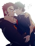  2boys akashi_(live_a_hero) bara blush brown_hair carrying carrying_person eye_contact facial_hair from_side fujishima_kazuya gakuran goatee highres hood hood_down hooded_jacket jacket live_a_hero long_sideburns looking_at_another male_focus male_protagonist_(live_a_hero) multicolored_hair multiple_boys muscular muscular_male noses_touching open_clothes open_jacket pectoral_cleavage pectoral_docking pectoral_press pectorals scar scar_on_face scar_on_nose school_uniform short_hair sideburns size_difference streaked_hair sweatdrop thick_eyebrows toned toned_male translation_request upper_body yaoi 