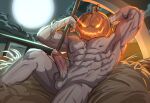  1boy abs armpits bara completely_nude erection feet_out_of_frame flaming_eyes full_moon hay highres jack-o&#039;-lantern large_pectorals looking_at_viewer male_focus moon muscular muscular_male navel nipples nude original pectorals pumpkin_hat scar scar_on_chest scythe sedo_(usingincognito) solo spread_legs stomach thighs uncensored 