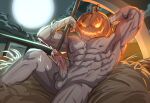  1boy abs armpits bara completely_nude cum cum_on_legs ejaculation erection feet_out_of_frame flaming_eyes full_moon hay highres jack-o&#039;-lantern large_pectorals looking_at_viewer male_focus moon muscular muscular_male navel nipples nude original pectorals pumpkin_hat scar scar_on_chest scythe sedo_(usingincognito) solo spread_legs stomach thighs uncensored 