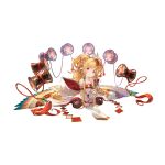  1girl animal_ears bandeau bangs bare_shoulders bird blonde_hair boots breasts chibi drum earrings eyebrows_visible_through_hair granblue_fantasy hair_ornament harvin instrument jewelry knee_boots long_hair looking_at_viewer mahira_(granblue_fantasy) minaba_hideo official_art red_eyes simple_background sitting small_breasts thighhighs wide_sleeves 