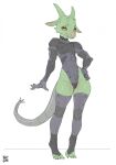  armor exposed exposed_hips female furgonomics hi_res horn kobold looking_at_viewer reptilian_orbit simple_background solo tail_armor yellow_sclera 