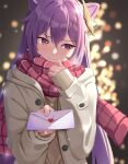  1girl absurdres amco blush braid casual coat double_bun genshin_impact hair_bun hair_ornament hairclip heart highres keqing_(genshin_impact) long_hair long_sleeves looking_at_viewer looking_to_the_side love_letter purple_eyes purple_hair red_scarf scarf sleeves_past_wrists solo sweater tsundere twintails winter_clothes winter_coat 