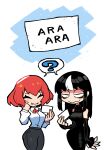 2girls ? absurdres ara_ara bags_under_eyes black_dress black_hair black_sleeves carla_carmilla_(rariatto) chibi closed_mouth confused detached_sleeves dress eyebrows_visible_through_hair fangs fangs_out grey_pants hand_on_own_cheek hand_on_own_face hand_up hands_up highres holding jaggy_line long_hair long_sleeves multiple_girls noss_(rariatto) note original pants rariatto_(ganguri) red_hair red_neckwear ribbed_dress sanpaku shared_speech_bubble shirt_tucked_in speech_bubble spoken_question_mark symbol-only_commentary vampire wavy_mouth white_hair 