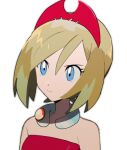  1girl bangs blonde_hair blue_eyes closed_mouth collar commentary eyelashes hair_between_eyes hat irida_(pokemon) pokemon pokemon_(game) pokemon_legends:_arceus red_headwear short_hair simple_background sleeveless solo upper_body white_background zonbi4771 