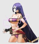 1girl armlet belt bikini black_gloves bracelet breasts choker cleavage electricity fate/grand_order fate_(series) fingerless_gloves gloves highres jewelry lamian_(pixiv415608) long_hair minamoto_no_raikou_(fate) minamoto_no_raikou_(swimsuit_lancer)_(fate) purple_bikini purple_eyes purple_hair single_glove solo swimsuit very_long_hair 