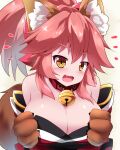  1girl ^^^ animal_ear_fluff animal_ears animal_hands bare_shoulders bell blush breasts cat_paws cleavage collar detached_sleeves eyebrows_visible_through_hair fang fate/grand_order fate_(series) fox_ears fox_girl fox_tail gloves hair_ribbon jingle_bell large_breasts long_hair looking_at_viewer neck_bell off_shoulder open_mouth paw_gloves pink_hair ponytail red_ribbon ribbon sivamaron solo tail tamamo_(fate) tamamo_cat_(fate) yellow_eyes 