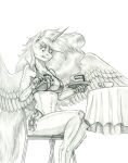  2021 anthro baron_engel bikini breasts cake chair clothing cutie_mark cutlery dessert equid equine eyebrows feathered_wings feathers female food food_on_breasts fork friendship_is_magic furniture graphite_(artwork) greyscale hair hi_res holding_plate horn kitchen_utensils long_hair looking_down mammal monochrome my_little_pony navel pencil_(artwork) plate princess_celestia_(mlp) side-tie_bikini sitting solo spread_wings swimwear table tools traditional_media_(artwork) winged_unicorn wings 