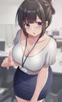  1girl black_hair blurry blurry_background breasts cleavage earrings eyebrows_visible_through_hair hair_up highres jewelry lanyard large_breasts looking_at_viewer mole mole_on_breast nail_polish nohhun office_lady open_mouth original pen pencil_skirt sidelocks skirt 