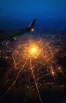  absurdres aircraft airplane airplane_wing blurry city city_lights cityscape commentary_request dark depth_of_field from_above highres horizon light_particles night night_sky no_humans original partial_commentary scenery sky skyrick9413 star_(sky) water 