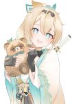  1girl animal aqua_eyes blonde_hair exiadoon fingerless_gloves gloves highres holding holding_animal hololive katana kazama_iroha pokobee ponytail sarashi sword tanuki virtual_youtuber weapon weapon_on_back white_background wide_sleeves 