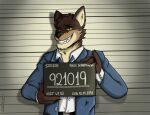  2021 anthro canid canine canis dreamworks fur holding_object male mammal mr._wolf_(the_bad_guys) number numbered_tag police_lineup smile solo station strayloop text the_bad_guys wolf 
