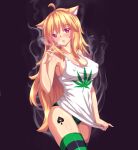  1girl :o ahoge animal_ear_fluff animal_ears armpit_peek artist_self-insert bangs bare_arms bare_shoulders black_background blonde_hair blowing_smoke blush breasts cat_ears cat_girl cat_tail cleavage clothes_pull drugs eyebrows_visible_through_hair highres joint_(drug) large_breasts long_hair looking_to_the_side marijuana md5_mismatch no_bra nottytiffy panties red_eyes resolution_mismatch shiny shiny_skin shirt shirt_pull shirt_tug sidelocks slit_pupils smoke smoking solo source_larger striped striped_panties tail tank_top tattoo thighhighs thighs tiffy_(nottytiffy) underwear white_shirt 