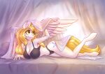  2021 :3 absurd_res amber_eyes anthro bed bed_sheet bedding big_breasts black_bra black_clothing black_panties black_underwear blonde_hair bra breasts cleavage clothed clothing cutie_mark dandy_(artist) equid equine eyebrow_through_hair eyebrows eyelashes fan_character feathered_wings feathers female fur furniture hair hi_res horn inner_ear_fluff long_hair lying mammal my_little_pony navel panties signature solo translucent translucent_hair tuft underwear unguligrade_anthro white_body white_fur winged_unicorn wings yellow_tail 