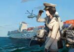 1girl absurdres aircraft bird black_gloves black_hair blue_necktie blue_sky cannon cloud day epaulettes gloves hat helicopter highres jacket jeanex long_sleeves mecha_musume military military_uniform military_vehicle missile necktie ocean original outdoors peaked_cap personification seagull ship sky solo turret uniform warship watercraft white_headwear white_jacket 