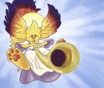  ambiguous_gender anthro brass_instrument christmas clothed clothing digital_drawing_(artwork) digital_media_(artwork) eyes_closed feathered_wings feathers feet fur halo head_wings hi_res hindpaw holidays horn_(musical_instrument) mammal mdjoe musical_instrument pawpads paws robe signature simple_background smile toes wind_instrument wings yellow_body yellow_fur 