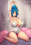  1girl absurdres armpits arms_up babydoll bed_sheet blue_hair blurry blurry_background breasts cleavage closed_mouth commentary english_commentary erkaz highres huge_breasts looking_at_viewer medium_hair original pillow pink_shorts red_eyes revision rina_atherina shorts sitting solo spiked_hair stretch thighs waking_up wariza white_babydoll 