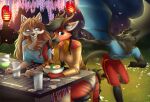  4322chan absurd_res altara anthro asian_mythology blue_eyes brown_hair canid canine clothed clothing detailed_background dragon east_asian_mythology eastern_dragon eating eating_food eyes_closed female food fox fur group hair hi_res looking_at_viewer looking_pleasured male mammal mythology noodles ramen red_body red_fur red_hair running sitting_on_chair smile 