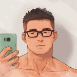  1boy bespectacled black_eyes black_hair closed_mouth collarbone glasses looking_at_phone male_focus mirror original phone selfie solo spiked_hair thick_eyebrows topless topless_male undercut xian_miao 