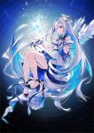  1girl amane_kanata angel_wings bangs bare_legs bare_shoulders black_footwear blue_hair closed_mouth colored_inner_hair commentary dress english_commentary eyebrows_visible_through_hair eyes_visible_through_hair from_side full_body gloves hair_over_one_eye halo hand_on_own_chest high_heels highres hololive long_hair looking_away multicolored_hair oshio_(dayo) pink_hair silver_hair smile solo star_halo streaked_hair twitter_username very_long_hair virtual_youtuber white_dress white_gloves wings 