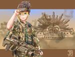  1girl assault_rifle australia bird blonde_hair bullpup green_eyes grenade_launcher ground_vehicle gun hand_on_headwear handgun hat hat_feather holster jpc letterboxed load_bearing_equipment looking_at_viewer military military_vehicle motor_vehicle original ostrich pistol rifle signature sleeves_rolled_up sling slouch_hat smile soldier solo steyr_aug tank watch weapon wristwatch 