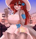  2021 5_fingers accessory amusement_park amusement_ride big_breasts blep breasts cleavage clothed clothing dress female ferris_wheel fingers fish flower flower_in_hair hair hair_accessory hi_res marine plant red_eyes roller_coaster shark solo tongue tongue_out translucent xaenyth 