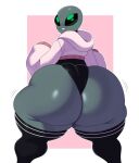 alien anthro bald big_butt black_clothing bottomwear butt clothed clothing cream_(repomorame) curvy_figure extraterrestrial girly green_eyes grey_body hoodie huge_butt hyper hyper_butt legwear looking_at_viewer looking_back male pink_clothing rear_view shirt simple_background smile smirk solo sssonic2 standing stockings tank_top thick_thighs thigh_highs topwear voluptuous wide_hips 