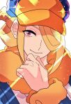  1boy baseball_cap blonde_hair blue_jacket chin_stroking closed_mouth commentary_request eyelashes fur-trimmed_jacket fur_trim hair_over_one_eye hakoya hand_up hat jacket long_sleeves looking_at_viewer male_focus orange_headwear pokemon pokemon_(game) pokemon_legends:_arceus purple_eyes short_hair smile solo twitter_username upper_body volo_(pokemon) 