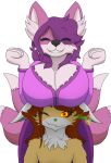  absurd_res anthro big_breasts boob_hat breasts canid canine canis clothed clothing duo female fluffy fox fur hair hi_res huge_breasts jackal male mammal pawronica smile thick_thighs 