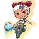  1girl animification apex_legends beige_tank_top blue_gloves chibi clenched_hand d.o.c._health_drone dark-skinned_female dark_skin double_bun gloves glowing glowing_eye grey_pants headband headset lifeline_(apex_legends) nagitofuu open_hand pants red_eyes red_hair robot smile solo thigh_strap white_headband 