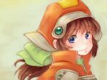  1girl blue_eyes bow brown_hair closed_mouth hat long_hair looking_at_viewer marguerite_fatima orange_headwear ponytail simple_background smile solo xenogears yusoson 