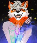  2021 angiewolf chise_(sailorrooscout) clothing coat female fur gulonine happy hi_res lab_coat laboratory_equipment laboratory_glassware liquid mammal marten mustelid musteline open_mouth pine_marten safety_goggles sailorrooscout scientific_instrument solo star test_tube topwear 