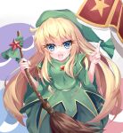  1girl :d absurdres blonde_hair blue_eyes book breasts brooch broom broom_ribbon cowboy_shot fingers_together green_headwear green_ribbon green_shirt green_skirt highres holding holding_broom jewelry long_hair long_sleeves looking_at_viewer open_book open_mouth puyopuyo red_brooch ribbon s_vileblood shirt skirt small_breasts smile solo star_(symbol) witch_(puyopuyo) 