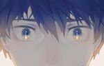  1boy bangs blue_eyes blue_hair close-up cmpovar crying english_commentary eye_focus eye_reflection face hair_between_eyes highres kaze_ga_tsuyoku_fuiteiru kurahara_kakeru looking_at_viewer male_focus reflection simple_background solo streaming_tears tearing_up tears 