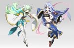  2girls absurdres aqua_hair blue_hair character_request fate/grand_order fate_(series) hand_fan highres holding holding_fan horns japanese_clothes kiyohime_(fate) lamian_(pixiv415608) long_hair midriff multiple_girls paper_fan sandals sash single_horn smile strapless thighhighs tube_top white_legwear yellow_eyes 