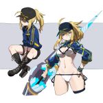  2girls ahoge artoria_pendragon_(fate) bikini blonde_hair blue_eyes boots breasts cleavage fate/grand_order fate_(series) grin hand_on_hip highres holding holding_weapon jacket lamian_(pixiv415608) long_hair looking_at_viewer multiple_girls mysterious_heroine_x_(fate) mysterious_heroine_xx_(fate) navel ponytail shorts shrug_(clothing) smile swimsuit weapon white_bikini 