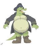  2021 absurd_res anthro belly belt big_belly boots canson claws clothing crocodilian donkey_kong_(series) ear_piercing footwear green_body green_skin hat headgear headwear hi_res jacket kremling male navel nintendo nipple_piercing nipples outie_navel overweight piercing pirate pirate_hat pirate_outfit reptile scalie sharp_teeth simple_background solo teeth topwear video_games white_background 