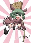  1girl :d animal_ears bamboo_broom bangs black_footwear bobby_socks broom brown_dress dog_ears dress eyebrows_visible_through_hair fang full_body green_eyes green_hair holding holding_broom kasodani_kyouko long_sleeves looking_at_viewer open_mouth pink_background rokugou_daisuke short_hair signature smile socks solo touhou two-tone_background v-shaped_eyebrows white_legwear wolf_ears 