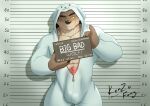  2021 absurd_res animal_costume anthro bulge canid canine canis dreamworks genitals hi_res kenzofong kigurumi looking_at_viewer male mammal mr._wolf_(the_bad_guys) numbered_tag penis police_lineup sculpture solo statue the_bad_guys wolf 