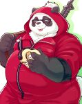  2021 anthro black_body black_fur black_nose bulge clothed clothing eyes_closed eyewear fur giant_panda glasses hi_res humanoid_hands kemono male mammal overweight overweight_male solo tongue tongue_out ursid weapon white_body white_fur zapapanda 