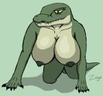  all_fours alligator alligatorid anthro big_breasts breasts crawling crocodilian female huge_breasts looking_at_viewer reptile scalie simple_background smile solo zagz 