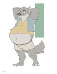  2021 absurd_res anthro belly belt belt_buckle big_belly bottomwear canid canine canis canson claws clothing fangs fur grey_body grey_fur hands_behind_back hi_res jacket male mammal navel overweight plantigrade shirt shorts simple_background solo topwear whiskers wolf 