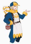  1boy backpack bag baseball_cap belt blonde_hair brown_bag brown_belt grey_asa grey_eyes hair_over_one_eye hand_on_hip hand_up hat highres long_sleeves looking_to_the_side male_focus multicolored_hair open_mouth pokemon pokemon_(game) pokemon_legends:_arceus short_hair simple_background smile solo volo_(pokemon) white_background 