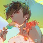  1boy bai_qi_(love_and_producer) bangs blue_sky brown_eyes brown_hair close-up eyewear_on_head flower food grin highres holding love_and_producer open_mouth outdoors popsicle rabbitcamilla red_flower sky smile solo summer sunglasses teeth umbrella 