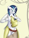 anthro armor belt blush breasts clenched_teeth clothed clothing crossgender equid equine female friendship_is_magic genitals hi_res horn magic-violet mammal my_little_pony partially_clothed pussy shining_armor_(mlp) shirt simple_background solo teeth topwear unicorn wardrobe_malfunction 