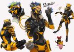  1boy 1girl animal_ears_helmet animalization apex_legends black_gloves black_headband black_hoodie blue_hair cable cat cat_tail claw_pose double_bun fangs gloves green_hair hand_on_hip headband holding_tail hood hoodie indian_style iwamoto_zerogo lifeline_(apex_legends) male_focus multiple_views octane_(apex_legends) open_mouth red_hair sitting tail wild_speed_octane 