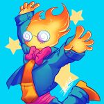  alternate_universe aude-javel blue_background blush bow bow_accessory clothing_bow elemental_creature elemental_humanoid eyewear fire fire_creature fire_humanoid glasses grillby grillby_(underswap) hands_above_head humanoid pink_bow round_glasses signature simple_background solo spiral_glasses star underswap undertale undertale_(series) video_games 