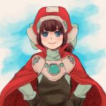  1girl blue_eyes brown_hair cape closed_mouth hat long_hair long_sleeves looking_at_viewer maccory marguerite_fatima smile solo xenogears 